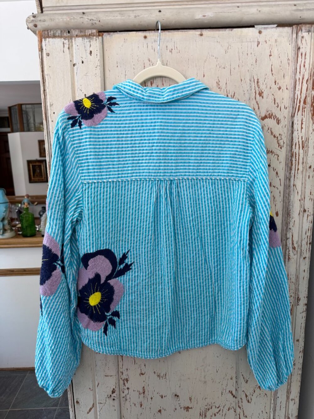 ANTHROPOLOGIE MAEVE PANSY EMBROIDERED STRIPE SHIRT - Picture 6 of 9